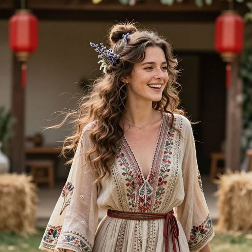Photograph of a smiling young woman with wavy brown hair, wearing an embroidered, V-neck, cream blouse with floral patterns, and a dark red