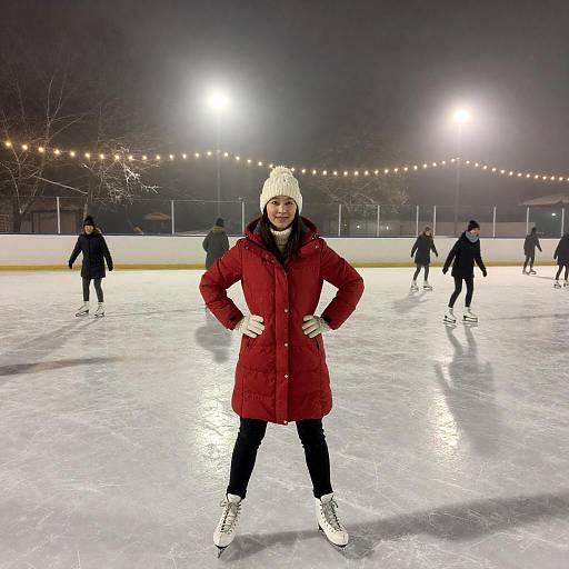 Joyful Skater in Red Coat at Night