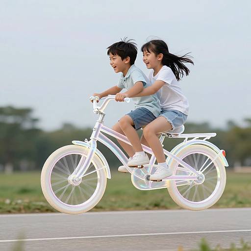 Photograph of two Asian girls, one in a light blue shirt and the other in white, joyfully riding a glowing bicycle on a sunny day.