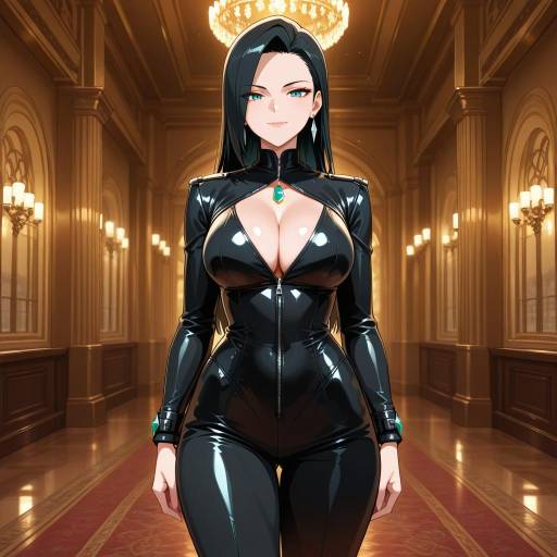 Elegant Dark-Haired Woman in Modern Ballroom