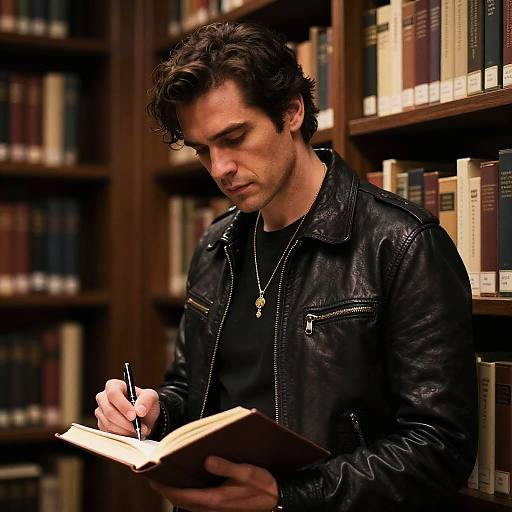 Photograph of a curly-haired man in a black leather jacket, writing in a book while standing in a dimly lit library.
