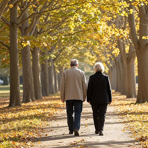 Photograph of elderly couple walking hand-in-hand down a sunlit, tree-lined autumn path with golden leaves on the ground.