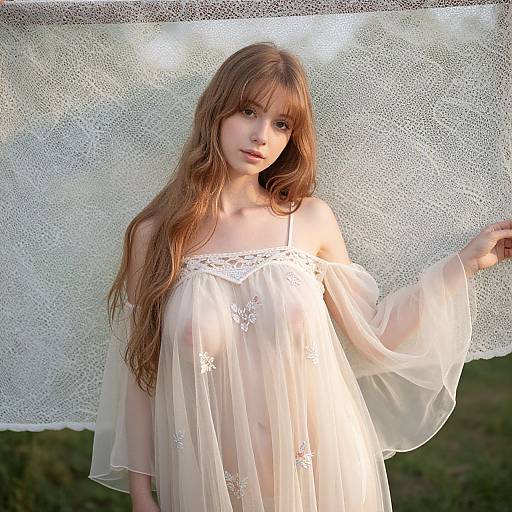 Photograph of a young woman with long, wavy brown hair, wearing a sheer, white lace-trimmed dress, standing against a textured,