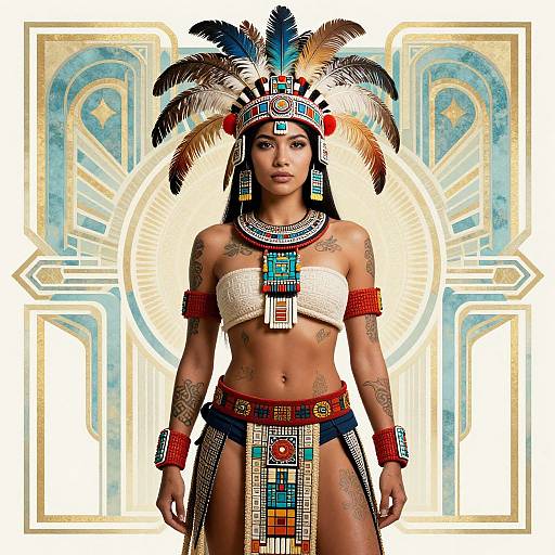 Photograph of a Native American woman in traditional headdress, white bandeau top, intricate jewelry, and feathered skirt, standing against a geometric,