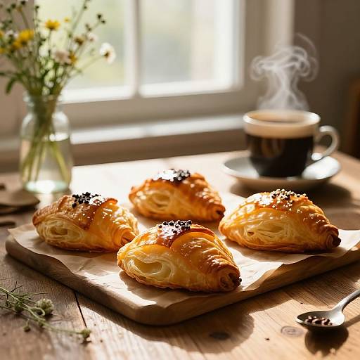 Photograph of golden, flaky croissants with black sesame seeds on a wooden board, steaming coffee cup, and vase of flowers in sunlight