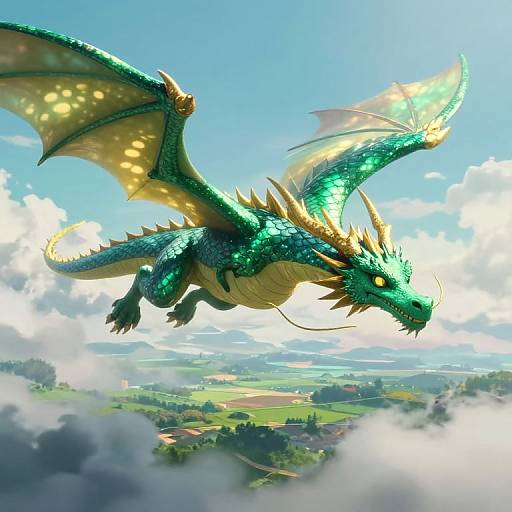 Digital artwork of a vibrant green, dragon with golden wings soaring through a bright blue sky over a lush, cloud-covered countryside.