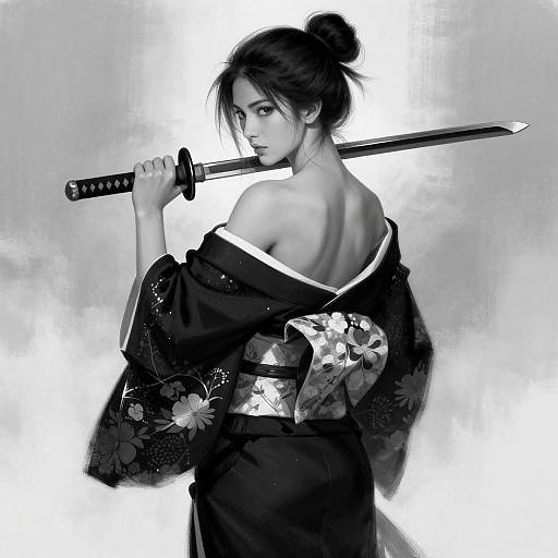 Digital black-and-white drawing of a beautiful, serious Japanese woman with dark hair in a bun, wearing an off-shoulder floral kimono, holding