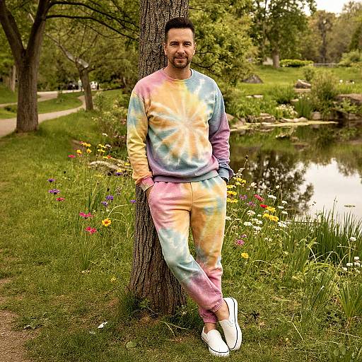 Man with dark hair and beard, wearing colorful tie-dye sweatshirt and pants, white sneakers, leaning against tree in lush park.