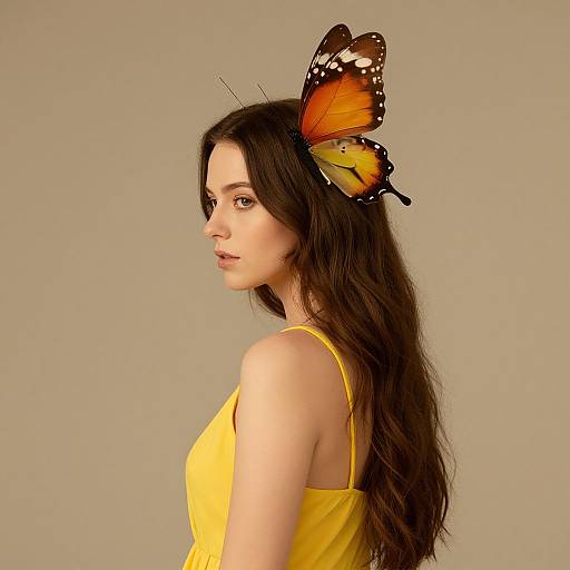 Photograph of a young woman with long brown hair, wearing a yellow dress, and a large orange and black butterfly perched on her head, against