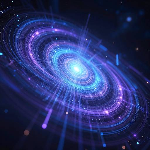 Digital artwork of a glowing, blue and purple spiral galaxy with bright white core, surrounded by radiant light streaks and scattered stars in a dark cosmic background