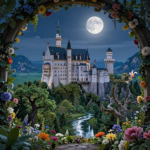 Fantasy Castle Under Moonlit Floral Arch