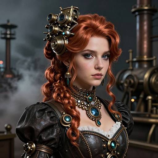 Digital artwork of a red-haired Victorian steampunk woman with intricate mechanical hairpiece, blue gem jewelry, and black dress, set in an industrial factory