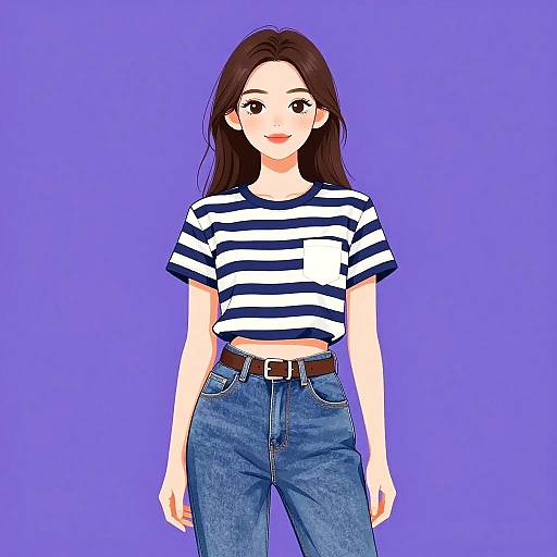 Casual Woman in Striped T-Shirt and Denim Jeans