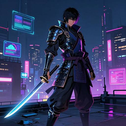 Cyberpunk anime-style drawing of a black-haired male samurai with glowing blue sword, wearing shiny black armor, standing in a neon-lit city
