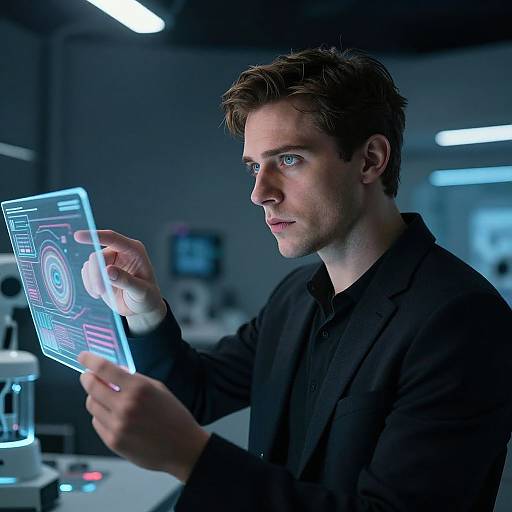 Photograph of a focused, young, white man with short brown hair, wearing a black shirt, holding a glowing holographic display in a futuristic,