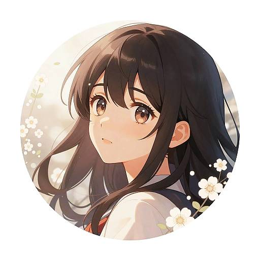 Digital anime-style portrait of a young girl with long black hair, brown eyes, and a school uniform, surrounded by white flowers.