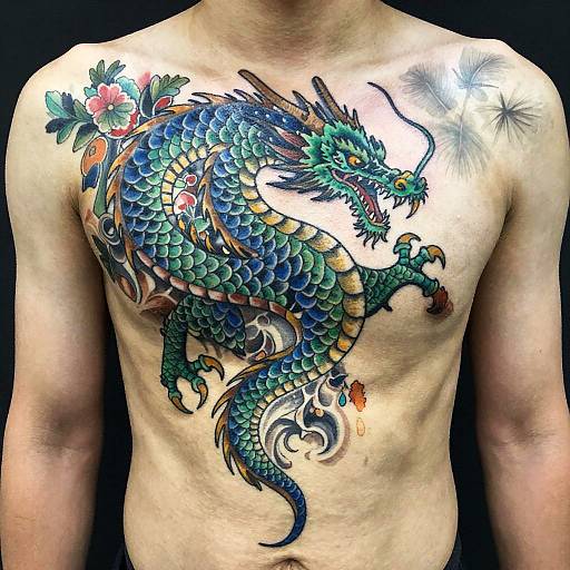 Vivid Dragon Sternum Tattoo Design