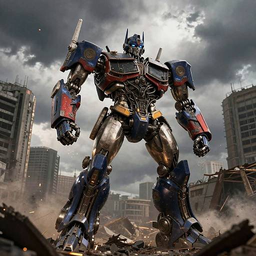 Defiant Robot in Ruined Cityscape