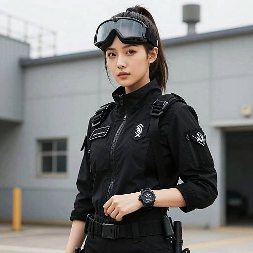Photograph of an Asian woman in black tactical gear, goggles on her head, and a watch on her wrist, standing outside a gray industrial building.