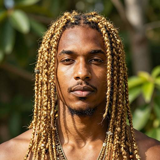Photograph of a shirtless Black man with long, blonde-dyed dreadlocks, standing in a sunlit, green forest background. His expression