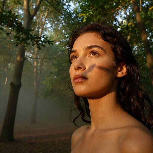 Photograph of a young woman with long, dark wavy hair, bare shoulders, and olive skin, standing in a misty forest, bathed