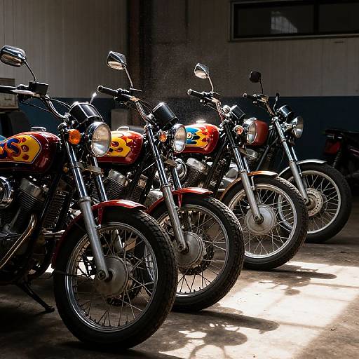 Photograph of three vintage motorcycles with flame-decorated fuel tanks, lined up in a dimly lit garage, sunlight casting shadows on the concrete floor