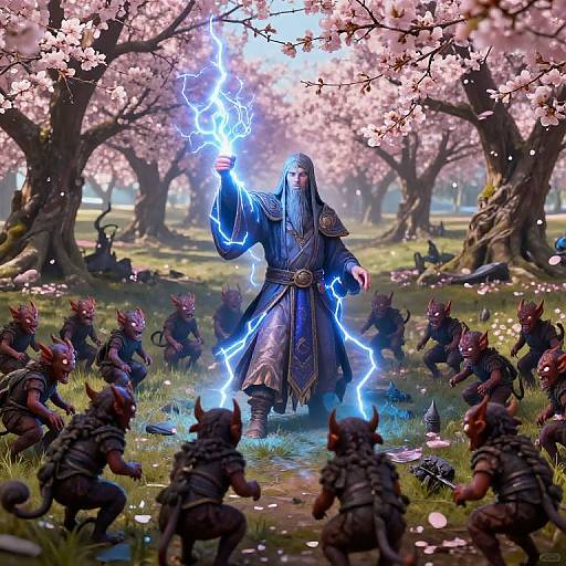 Cleric Casting Lightning in Cherry Orchard