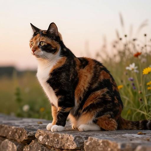 Photograph of a calico cat with black, orange, and white fur, sitting on a stone wall in a sunny, floral garden background, looking