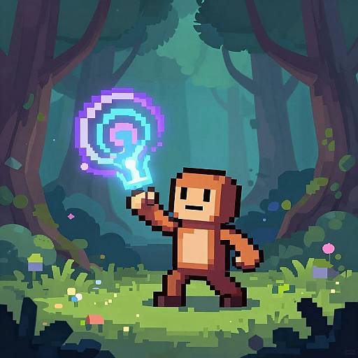 Pixel art of a cube-headed, brown-cloaked character casting a glowing blue magic spiral in a vibrant, enchanted forest.