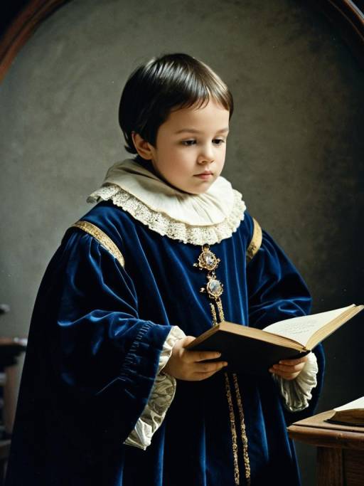 Child in Galileo Galilei Costume Reading Book
