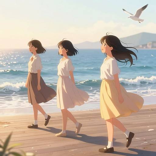 Anime-style drawing of three young women with black and brown hair walking on a wooden pier by the ocean, wearing white tops and yellow and brown skirts,