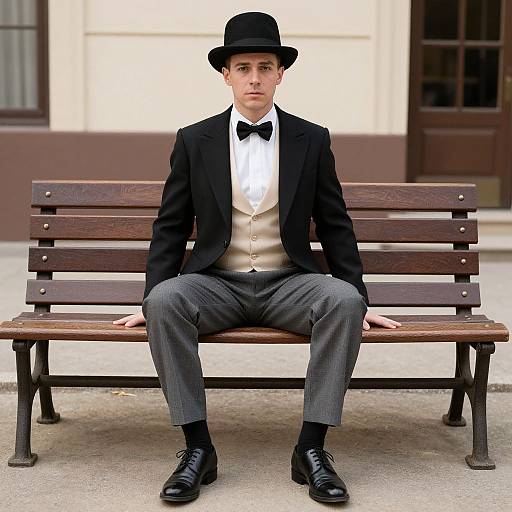 Photograph of a young Caucasian man in a black top hat, black tuxedo, white shirt, and black bow tie, seated on a wooden