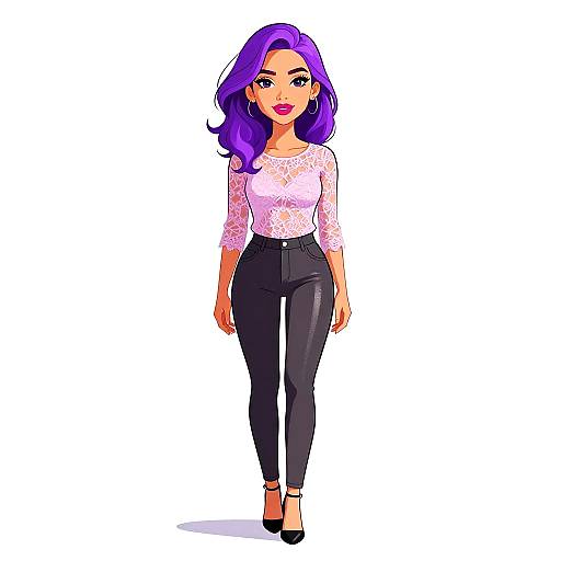Digital illustration of a stylish woman with vibrant purple hair, wearing a white lace top, black high-waisted pants, and black heels, standing against
