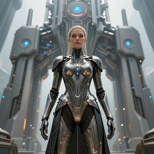 Photorealistic CGI of a blonde woman in a futuristic, silver armored suit standing in a grand, metallic, sci-fi cathedral.
