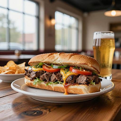 Steak Sandwich with Chips and Beer on Rustic Table