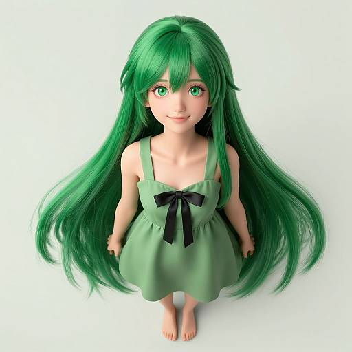 Digital anime-style drawing of a cute girl with long green hair, green eyes, wearing a green dress with a black bow, barefoot, standing against