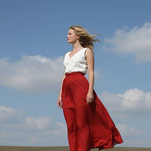 Photograph of a blonde woman with fair skin, wearing a white sleeveless blouse and flowing red skirt, standing against a bright blue sky with white clouds