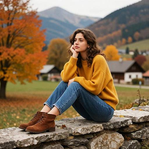 Thoughtful Woman in Autumn Landscape