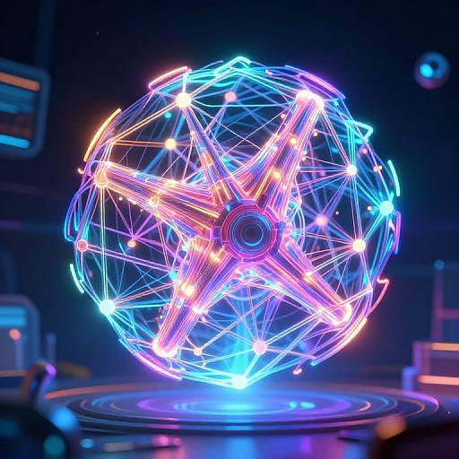 Photorealistic CGI of a glowing, neon-lit, wireframe sphere with vibrant blue, pink, and orange lights, centered on a dark,