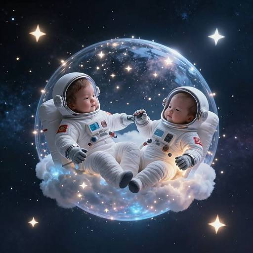 Photograph-style digital artwork of two smiling baby astronauts in white space suits, floating inside a glowing, star-filled glass sphere over a cloudy cosmic background.
