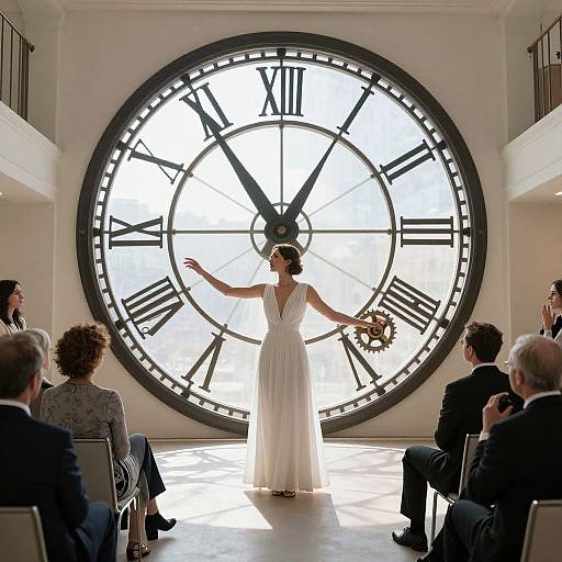 Photograph of a bride in a white dress, holding a bouquet, standing in front of a large, circular clock face, with guests seated in a