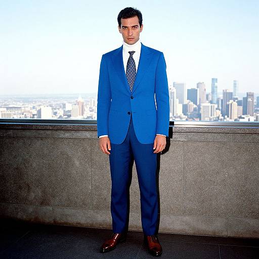 Photograph of a serious, dark-haired man in a bright blue suit, white shirt, and patterned tie, standing on a balcony with a city
