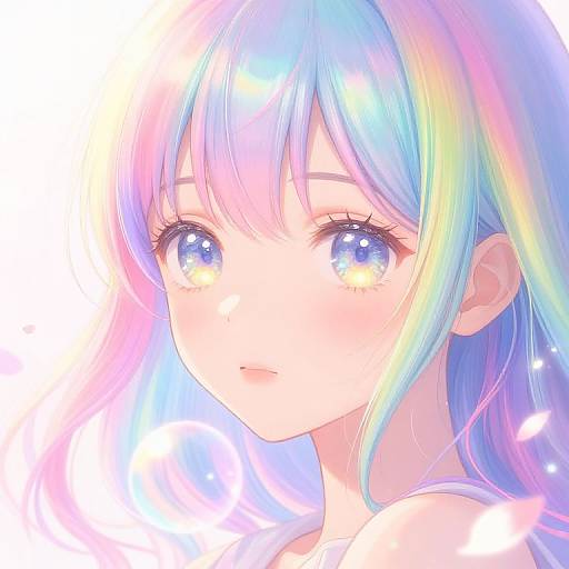 Digital anime-style portrait of a young girl with pastel rainbow hair, large sparkling blue eyes, and a soft, glowing expression.