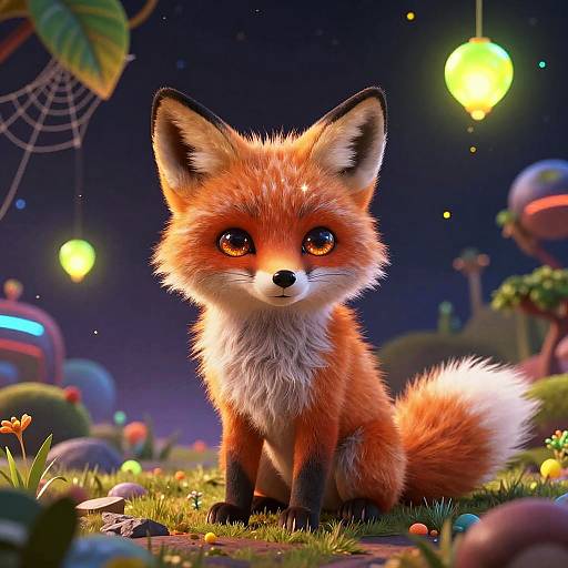 Cute, digital artwork of a fluffy, orange-eyed, fox with white chest sitting on grass under glowing lanterns in a whimsical, starry