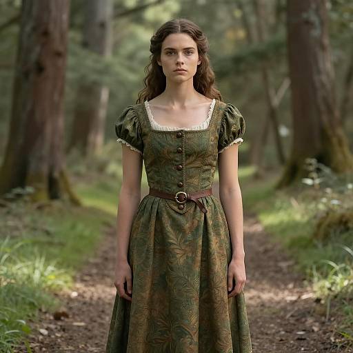 Young Woman in Medieval-Style Dress in Forest