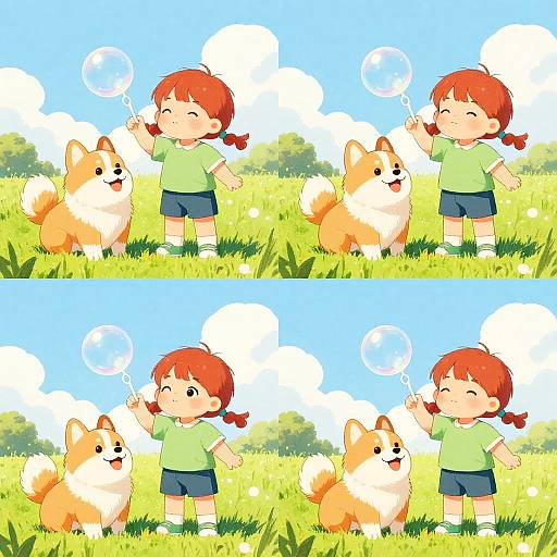 Playful Girl and Dog in Panels