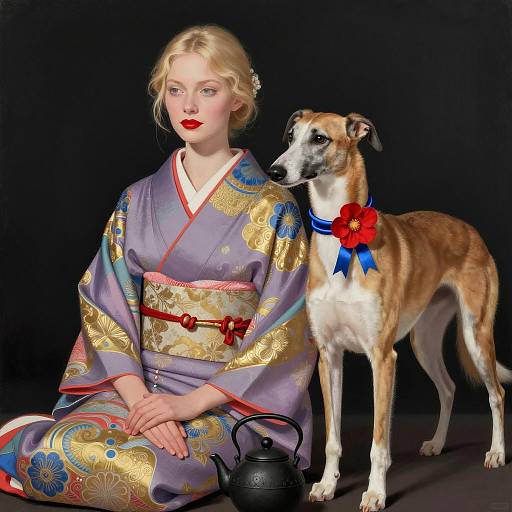 Calm Woman in Colorful Kimono with Greyhound