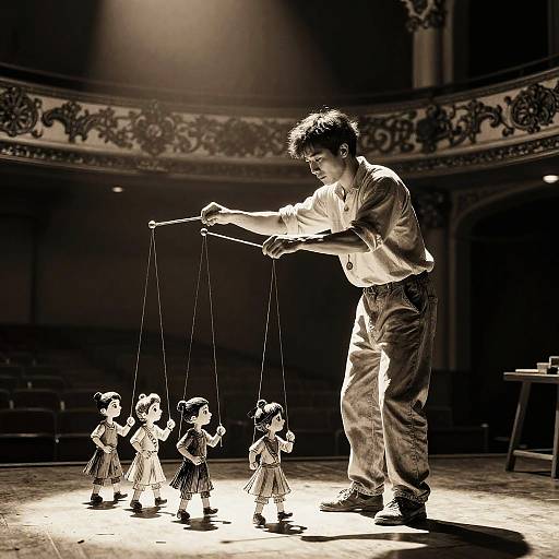 Photograph of a young Asian male puppeteer in vintage attire, skillfully manipulating a line of small, doll-like puppets on a stage with orn