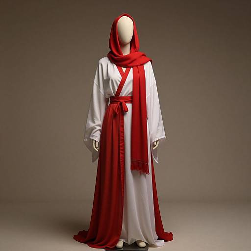 Photograph of a faceless mannequin in a white robe with a red sash and matching red scarf, standing against a gray background.