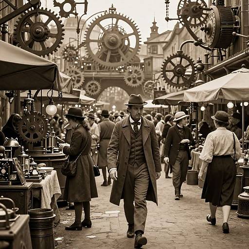 Sepia-toned photograph of a steampunk-style market with people in vintage clothing, large gears overhead, and stalls lining both sides.